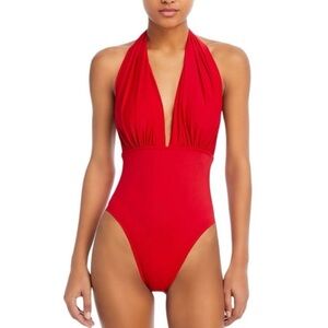 New! Norma Kamali Plunge Halter Open Back Swimsuit Red Size M